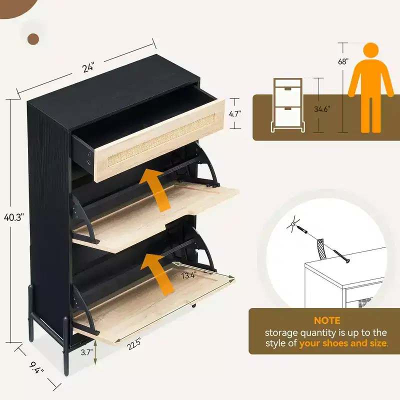 2 Flip Drawers Shoe Storage Cabinet with 1 Drawer, Rattan Shoe Organizer with Metal Legs, Freestanding Narrow Shoe Rack Cabinet