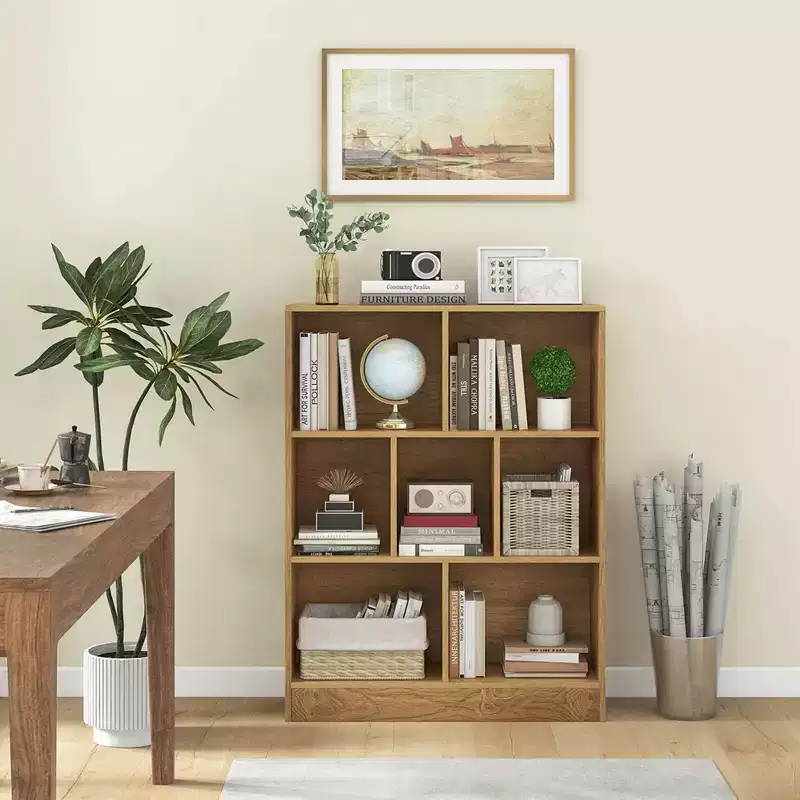 Costway 7-Cube Bookcase for Kids 41 Wooden Toy Storage Organizer Freestanding Bookshelf Brown/White