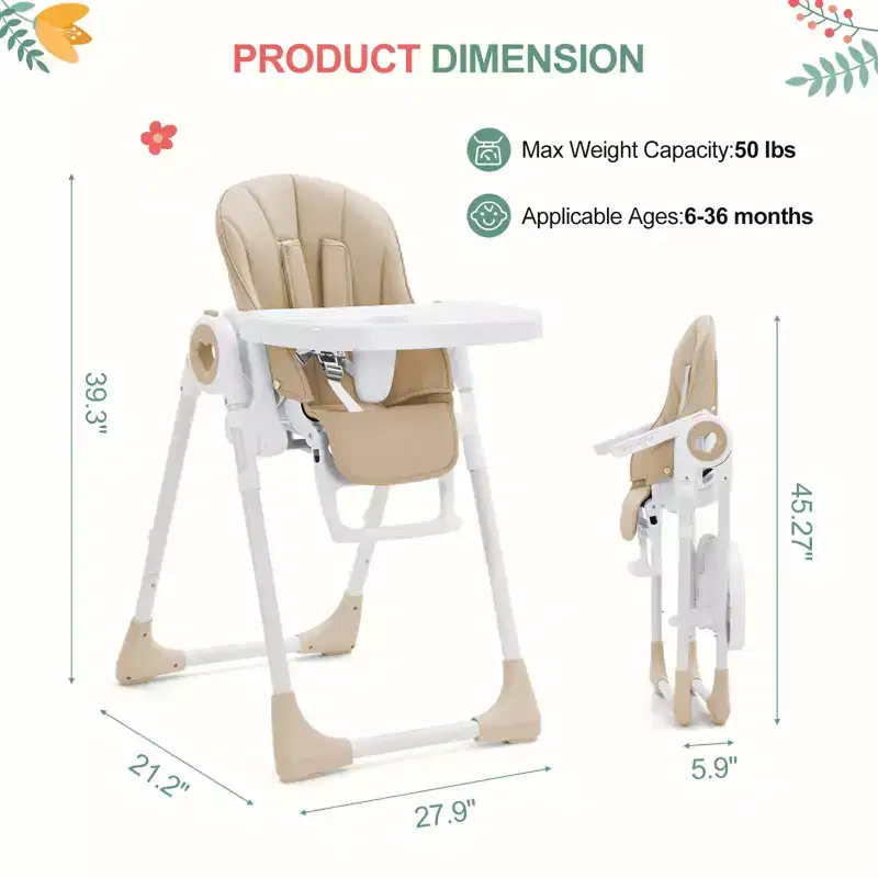 Folding High Chairs for Babies and Toddlers with Removable Tray, Lightweight Baby High Chair, 5-Point Safety Harness, Multiple Recline Positions
