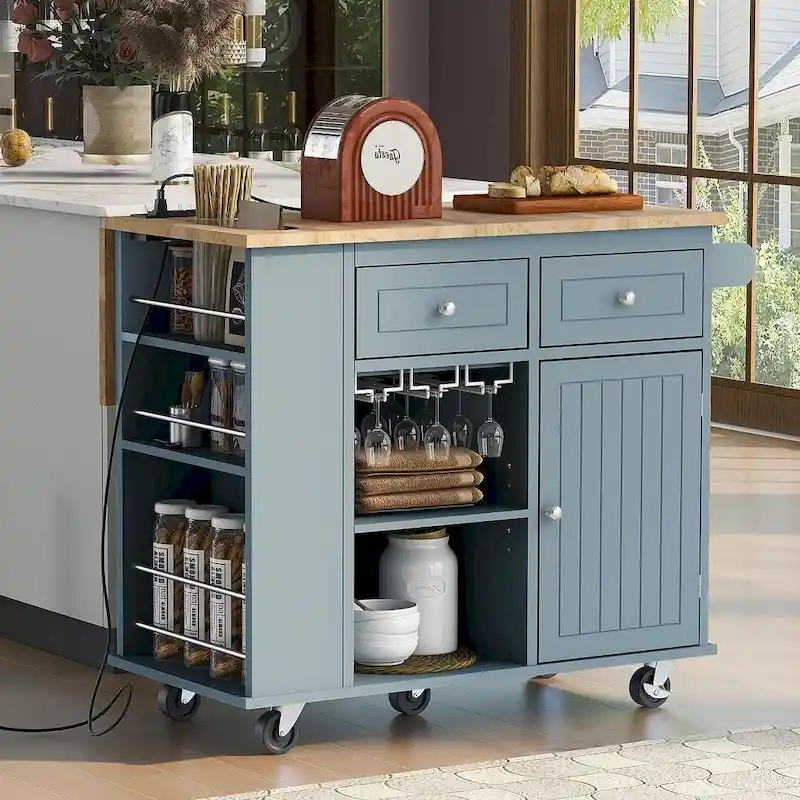 Kitchen Island Cart with Wheels ,Power Outlet, Drop Leaf, Wine Rack