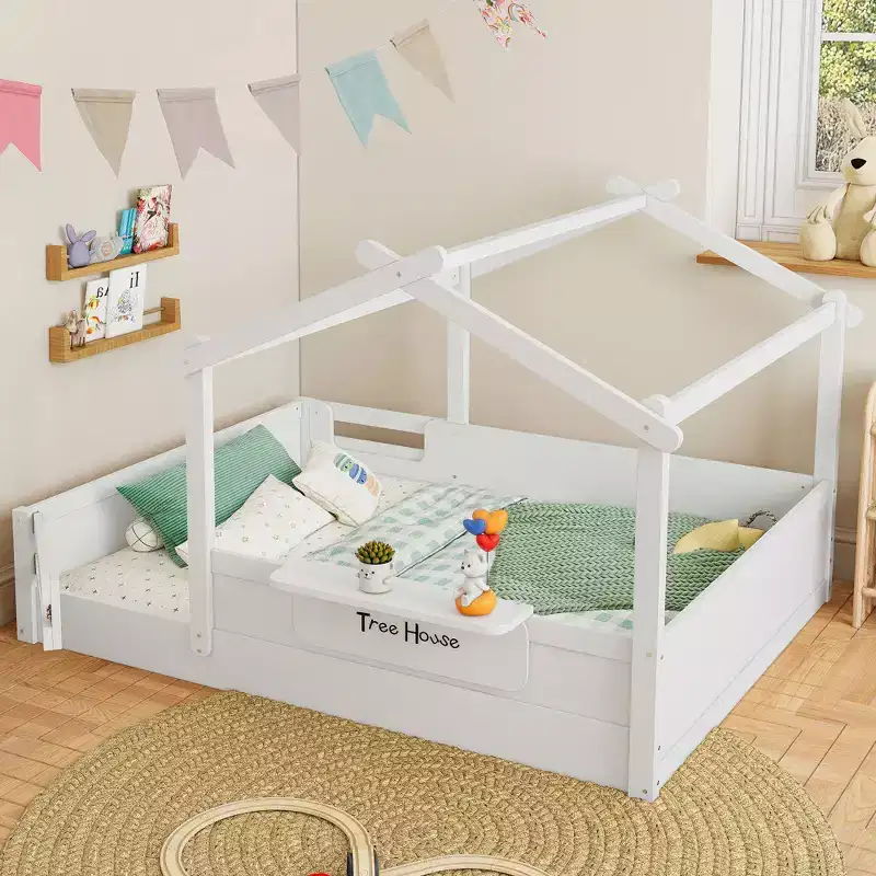 JVNOXK Full Size Floor Bed with Guardrails and Roof, Kids House Floor Bed with a Small Built-in Tray and Free-installed Signboard,White