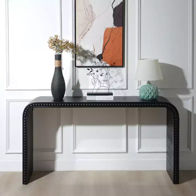 59 Waterfall Console Table with Beaded Trim, Boho Farmhouse Long Curved Entryway Table for Living Room, Foyer