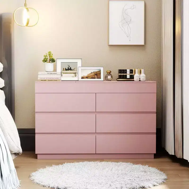 Karl Home Pink Embossed 6 Drawer Dresser with Mirror P2 12MM Particleboard with Melamine 47.22In. W