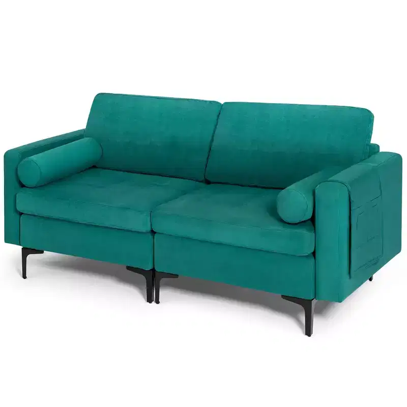 Modern Loveseat 2-Seat Sofa Couch With 2 Bolsters and Side Storage Pocket, Teal
