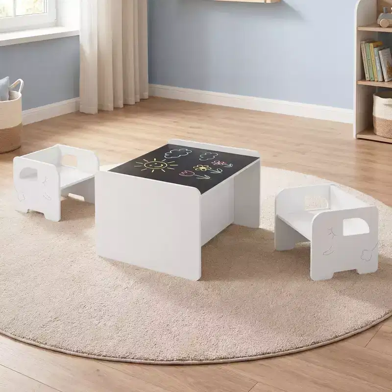 Costway 3 PCS Kids Table and Chair Set, Space-saving Toddler Table and 2 Chairs,White/Gray/Natural/Gray + Beige