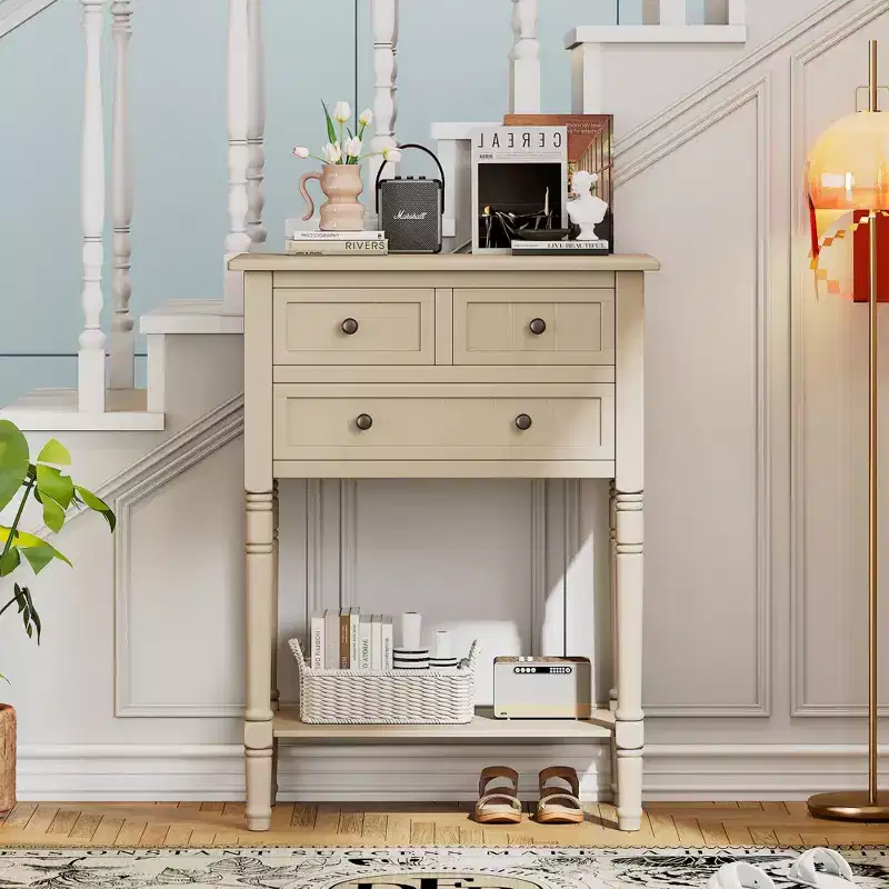 Okak 23.7IN Retro Narrow Console Table, Entry Table with Three Storage Drawers and Bottom Shelf, Hallway Table for Living Room, Entryway