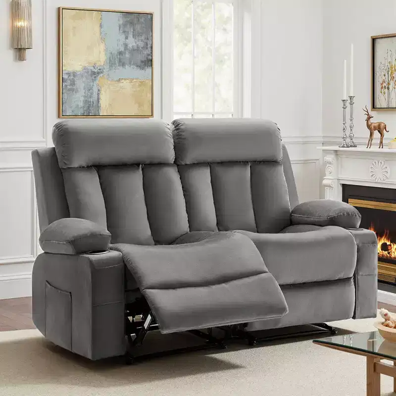 VEVOR Loveseat Recliner Sofa, Power Reclining Couch with Heating and Massage, Soft Velvet Electric Recliner Sofa with USB Ports, Cup Holders , Grey