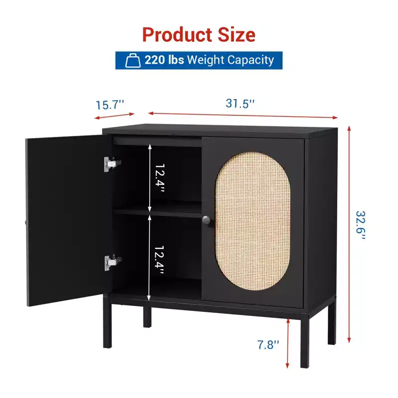 31.5 Inch Sideboard, Rattan Storage Cabinet with Adjustable Shelves, Kitchen Sideboard for Living Room Dining Room Entryway