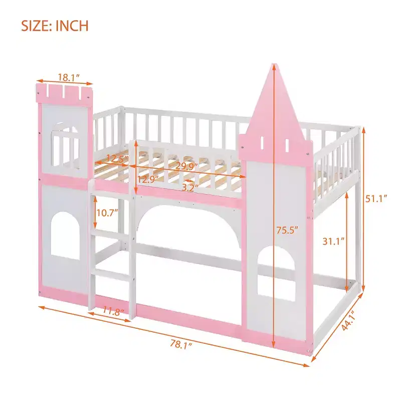 Twin over Twin Castle Bunk Bed with Ladder, Solid Pine Wood Floor House Princess Bunk Bed, Pink