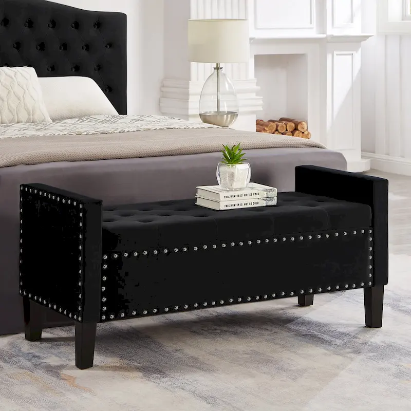 Upholstered Tufted Button Storage Bench with Nails Trim and Arms