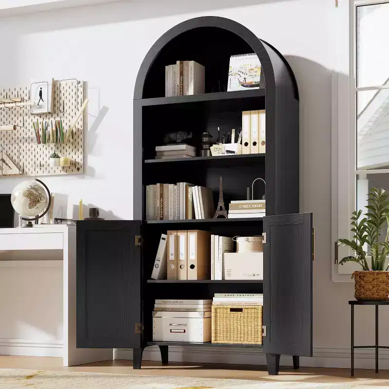 Arched 5-Tier Bookcase with Doors, Modern Display Shelf & Storage Cabinet for Home Office, Living Room or Library