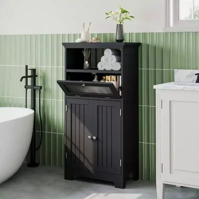 Freestanding Bathroom Cabinet Black Flip Glass Drawer 2 Doors Adjustable Shelf Open Storage Bathroom Living Room Hallway