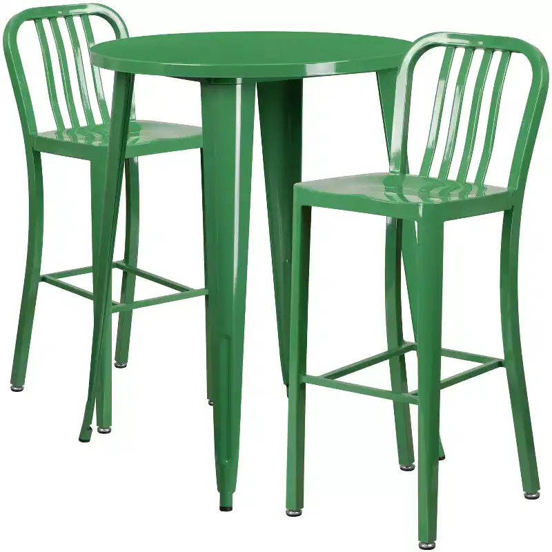 Flash Furniture Commercial Grade 30 Round Metal Indoor-Outdoor Bar Table Set with 2 Vertical Slat Back Stools