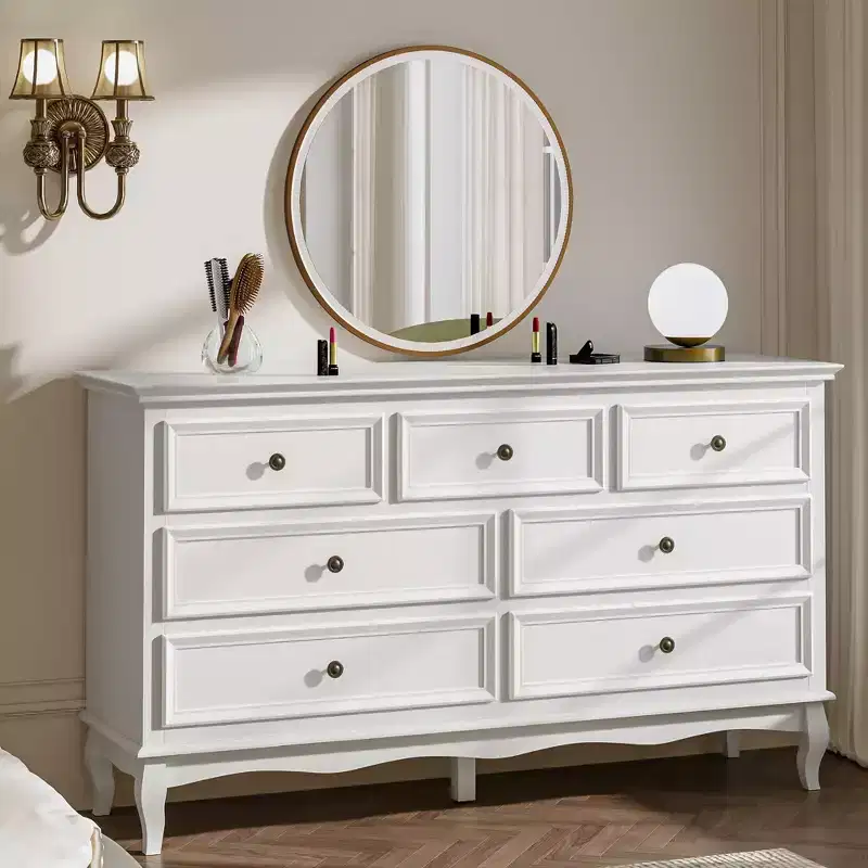 Heynemo Dresser for Bedroom, 7 Drawers Dresser with Distinctive Wooden Legs & Paint Finish, Great for Bedroom, Living Room, Hallway