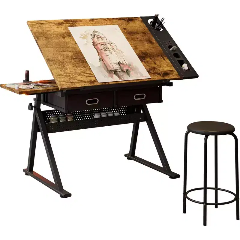 Height Adjustable Drafting Table with Stool,0-75 Tilting Drawing Desk&2 Storage Drawers,Artist Workstation for Painting,Crafting,Writing & Sketching
