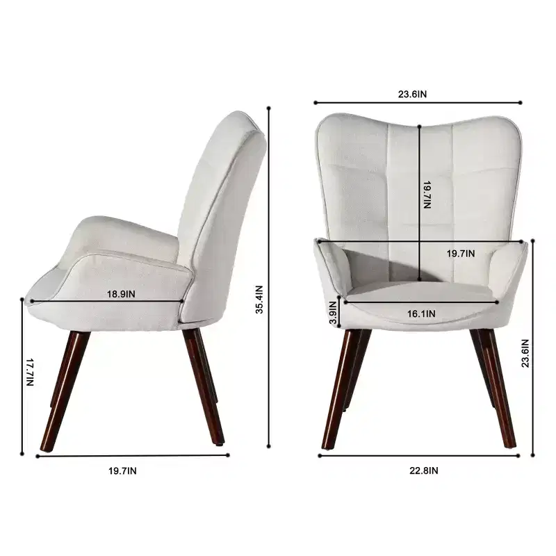 FurnitureR Tufted Wingback Accent Chair for Bedroom/Lounge, Leisure Armchairs High Back Ergonomic, Fabric Upholstered Living Room Chair Beige/Walnut