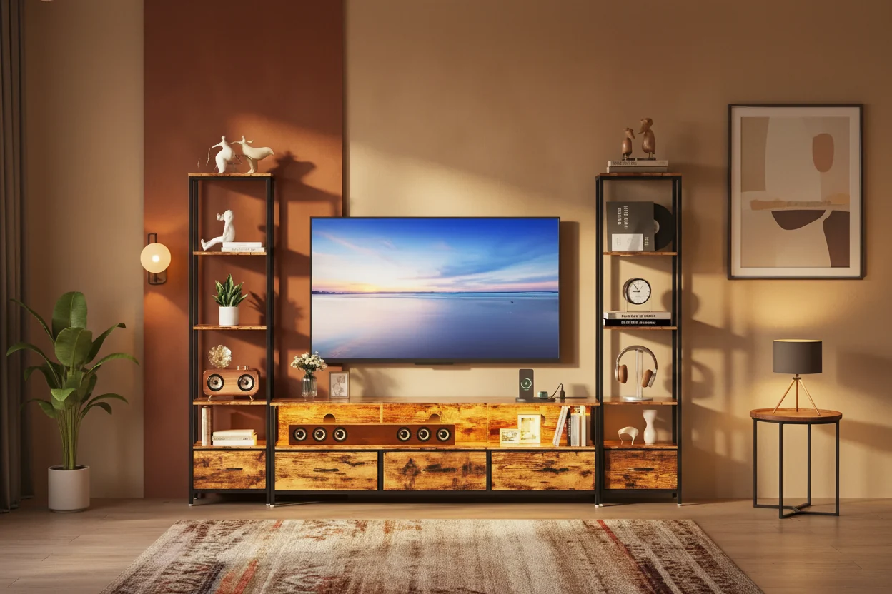 TV Stands for Living Room, LED TV Stand with Bookshelves, Farmhouse Entertainment Center for 65 in TVs, TVs Cabinet for Living Room