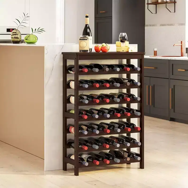 42-Bottle Wine Rack Free Standing Floor, 7-Tier Display Wine Storage Shelves with Table Top, Bamboo Wobble-Free Bottle Holder