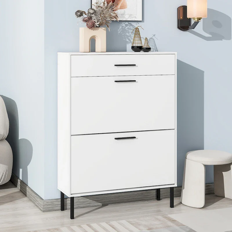 Freestanding Shoe Storage Cabinet with 2 Flip Drawers and Metal Legs