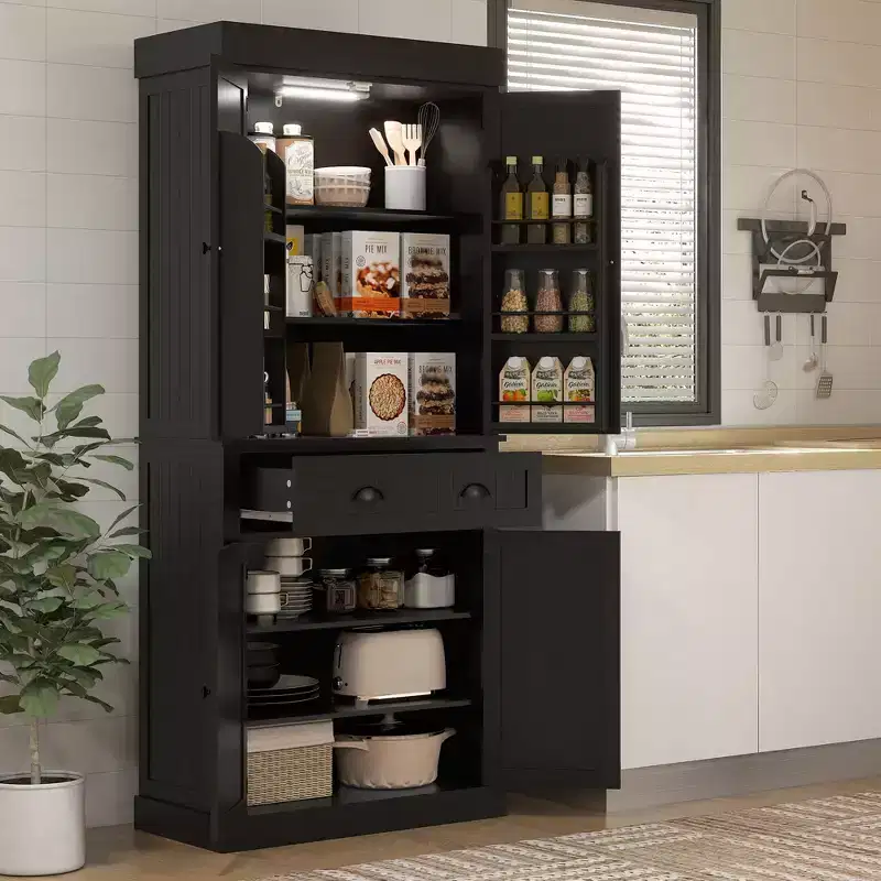MDF Kitchen Pantry Cabinet with LED Lights, 6 Door Shelves, 1 Drawer and 4 Adjustable Shelves, 71.3