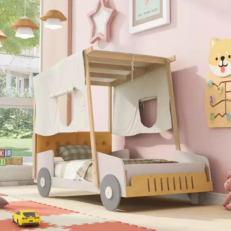 Wooden Car Bed with Pillows, Ceiling Cloth, Natural