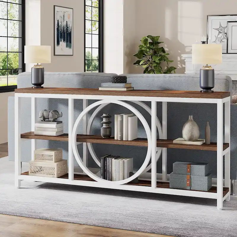 70.9 inch Extra Long Console Table Narrow Sofa Tables with 3 Tier Wood Storage Shelves