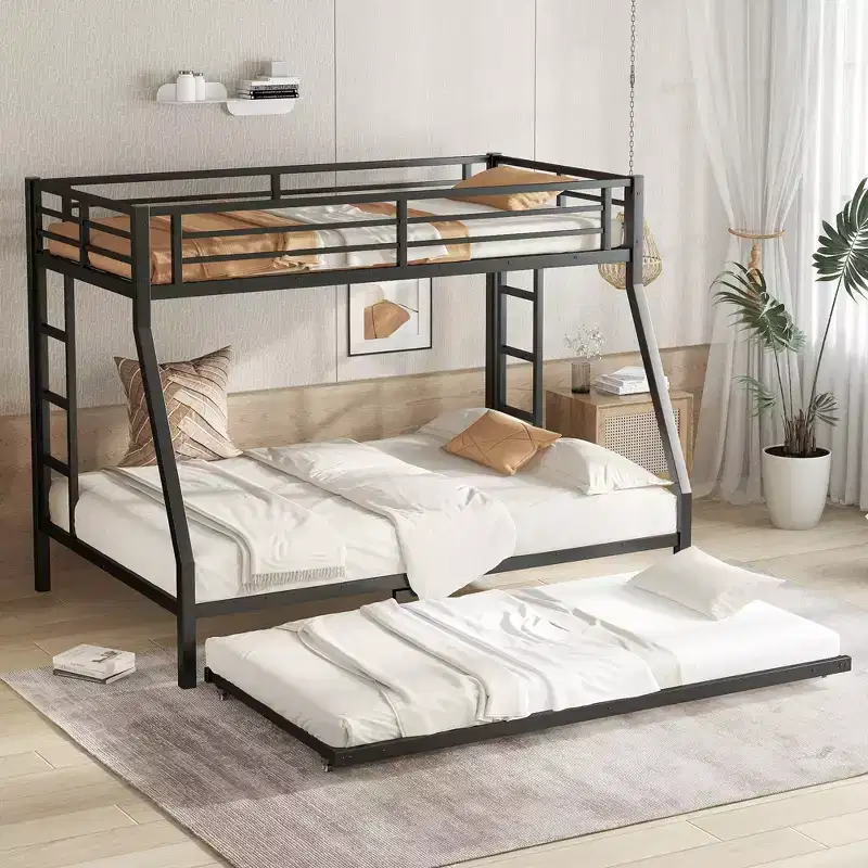 Metal Bunk Bed with Trundle, Twin over Full with Guard Rail and Ladder, Black