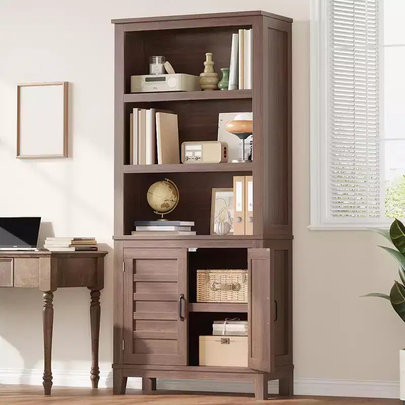 71 Tall Farmhouse Bookcase with Doors,5-Tier Narrow Wooden Display & Storage Cabinet, Adjustable Shelf for Apartments, Living Room