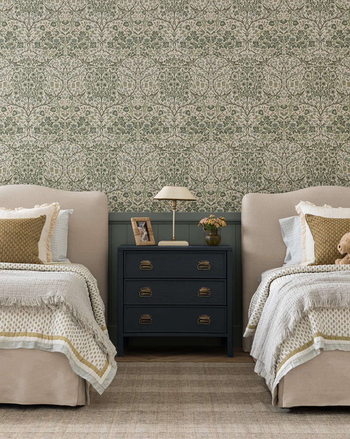 Modern Wood Nightstand with Curved Front & Brass Pulls for Bedroom