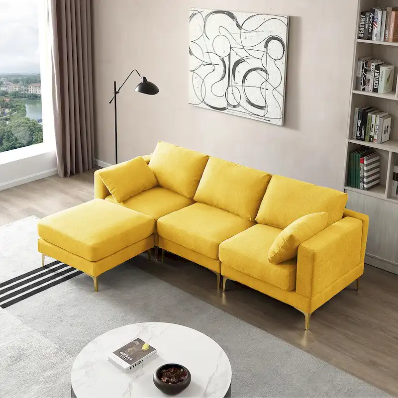 Christopher Knight Home - Beige L-Shape Sectional Sofa with Gold Metal Legs and Ottoman