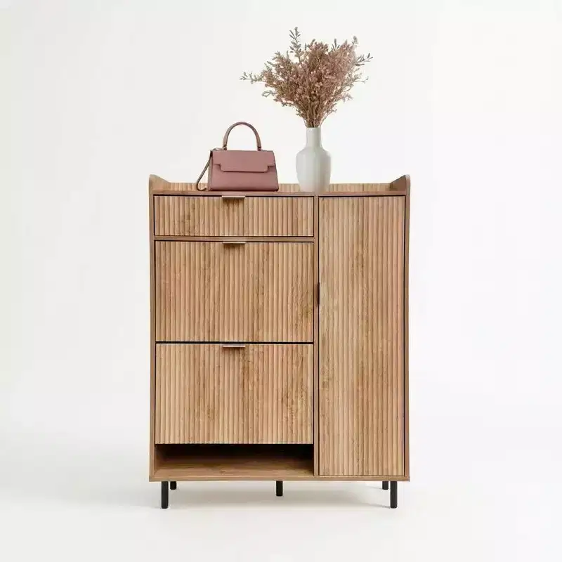 Narrow Shoe Storage Cabinet with 2 Flip Drawers, Adjustable Shelves, Wave Design & Metal Legs for Entryway or Hallway