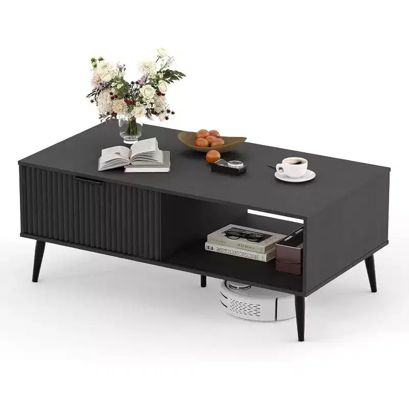 Coffee Table, Wooden Coffee Table with Storage Cabinet, Two-Tier Design, Sliding Door