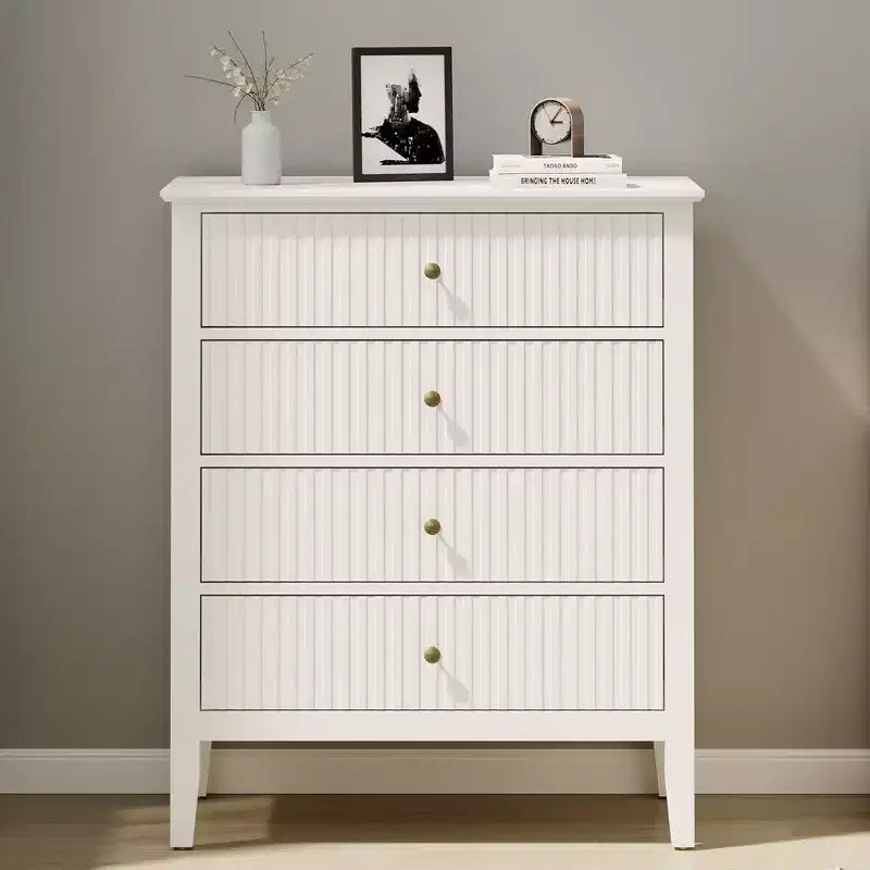 Heynemo Fluted 4 Drawer Dresser, Wood Dresser for Storage Clothes, Wooden Storage Cabinet Nightstand for Bedroom, Hallway, Living Room, Entryway