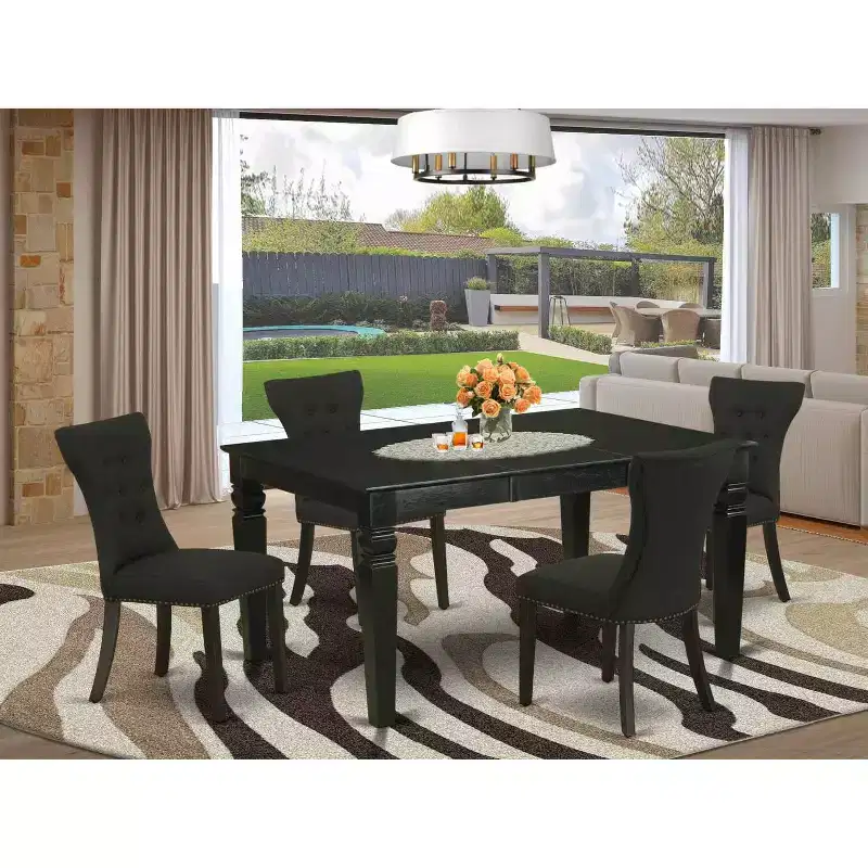 HomeStock 5-Piece Rectangle Black Finish Solid Wood Top Dining Table with 4 Parson Chair with Butterfly Leaf