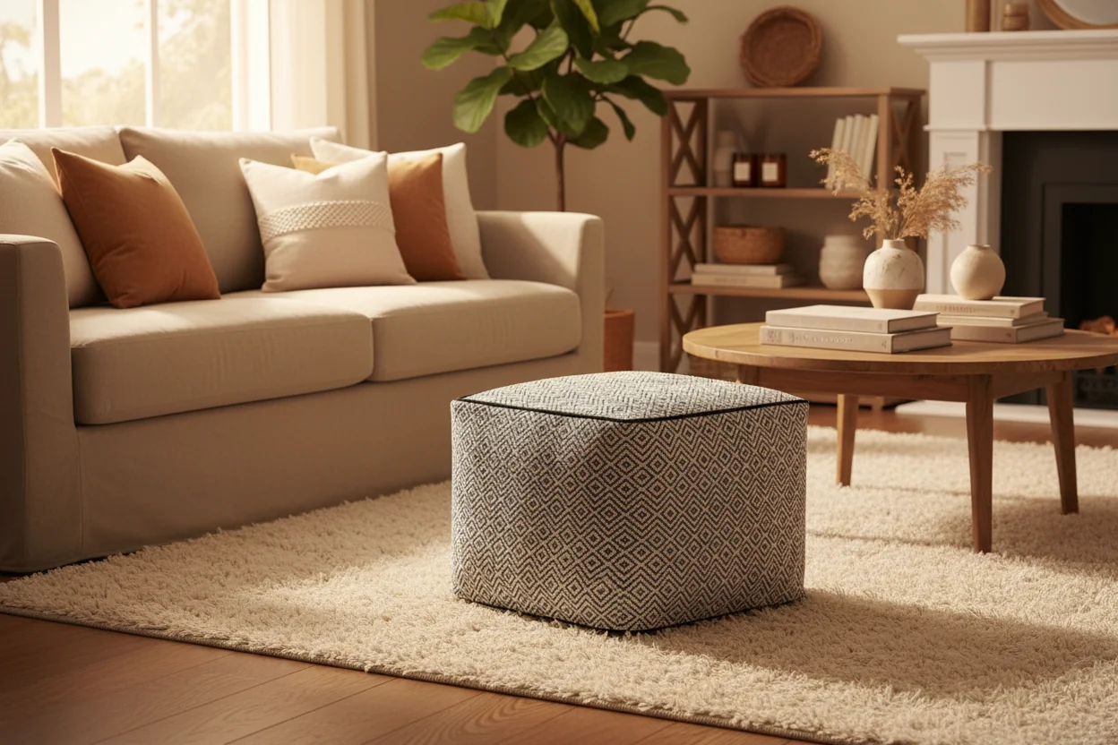 Square Pouf – Black/Natural, Geometric Pattern, Seats 1