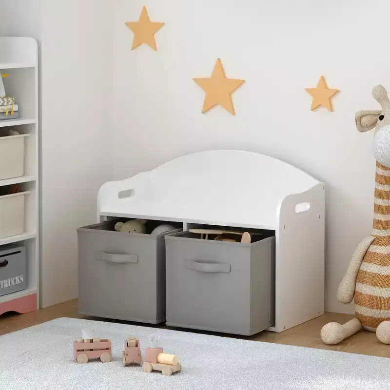 Kids Wooden Toy Box/Bench with Collapsible Fabric Drawers - White