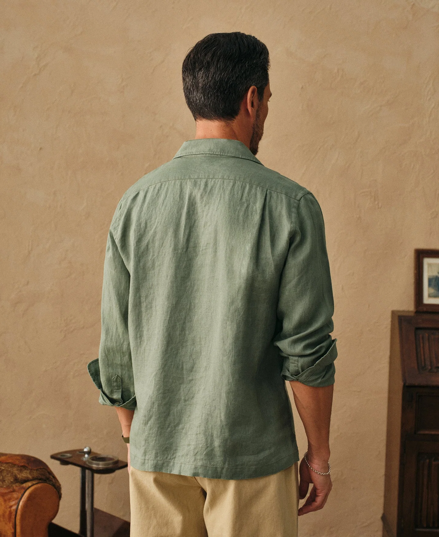 1950s Italian Collar Long Sleeve Linen Shirt - Sage
