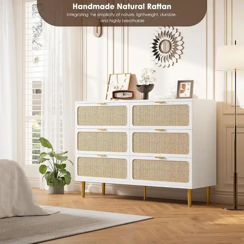6-Drawer Dresser with Rattan Chest of Drawers