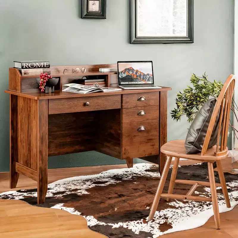 Rustic Brown Writing Desk with Storage Drawers & Monitor Stand, 1-Person