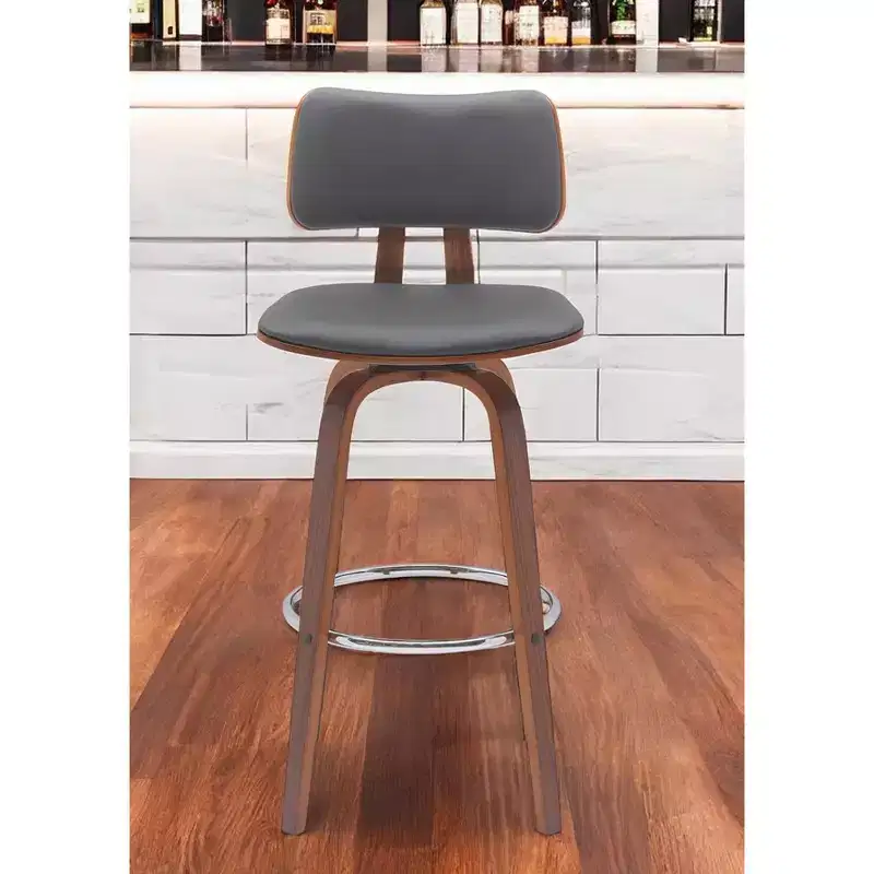 30 Gray And Wood Brown Faux Leather Swivel Low Back Bar Height Bar Chair