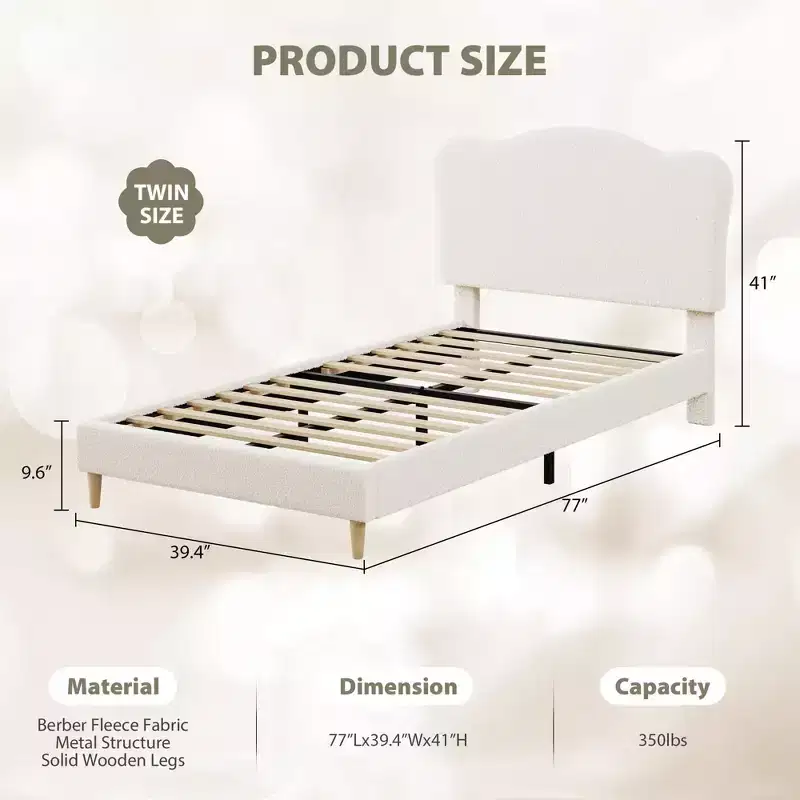 Twin/Twin XL/Full Bed Frame for Kids with Cute Headboard, Kids Bed, Velvet Platform, Noise-Free, No Box Spring