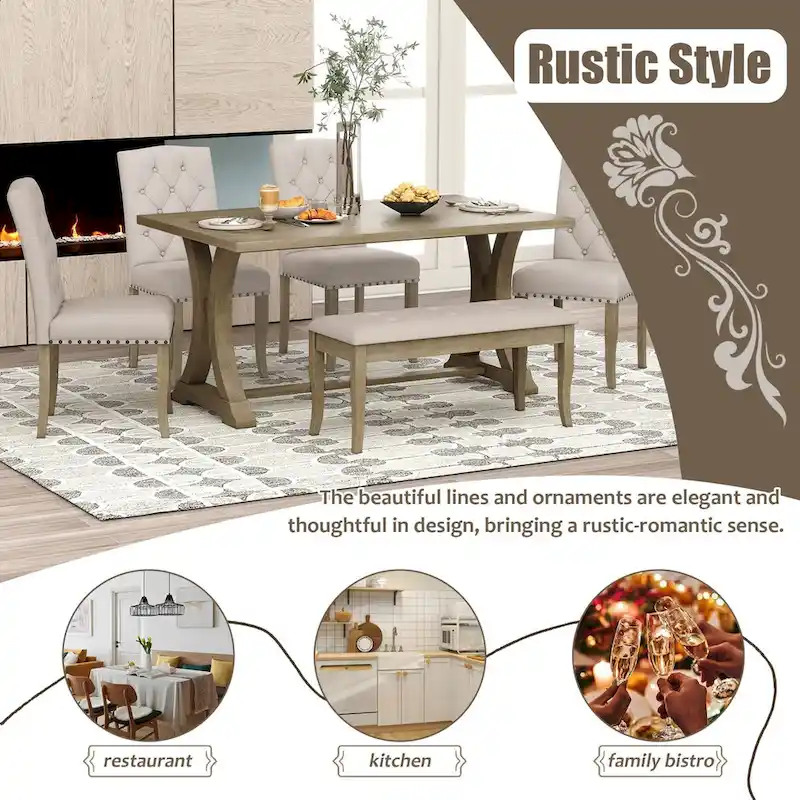6-Piece Farmhouse Dining Table Set, Rectangular Trestle Table and 4 Upholstered Chairs & Bench