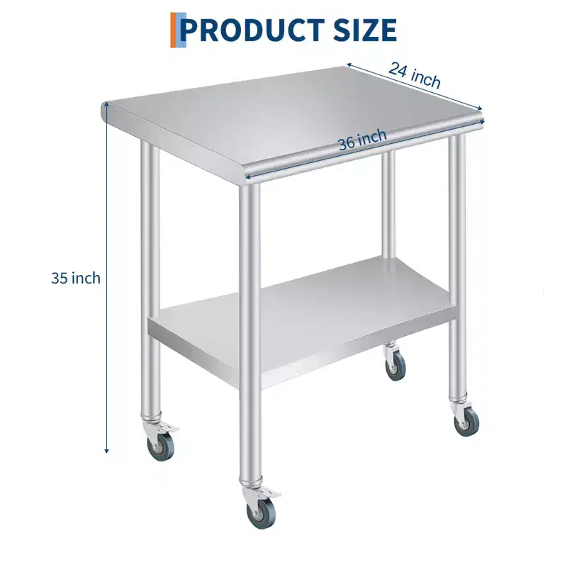 Stainless Steel Prep Table with Rounded-Corner, Adjustable Undershelf and 4 Caster Wheels, Commercial Heavy Duty Table with Adjustable Under Shelf