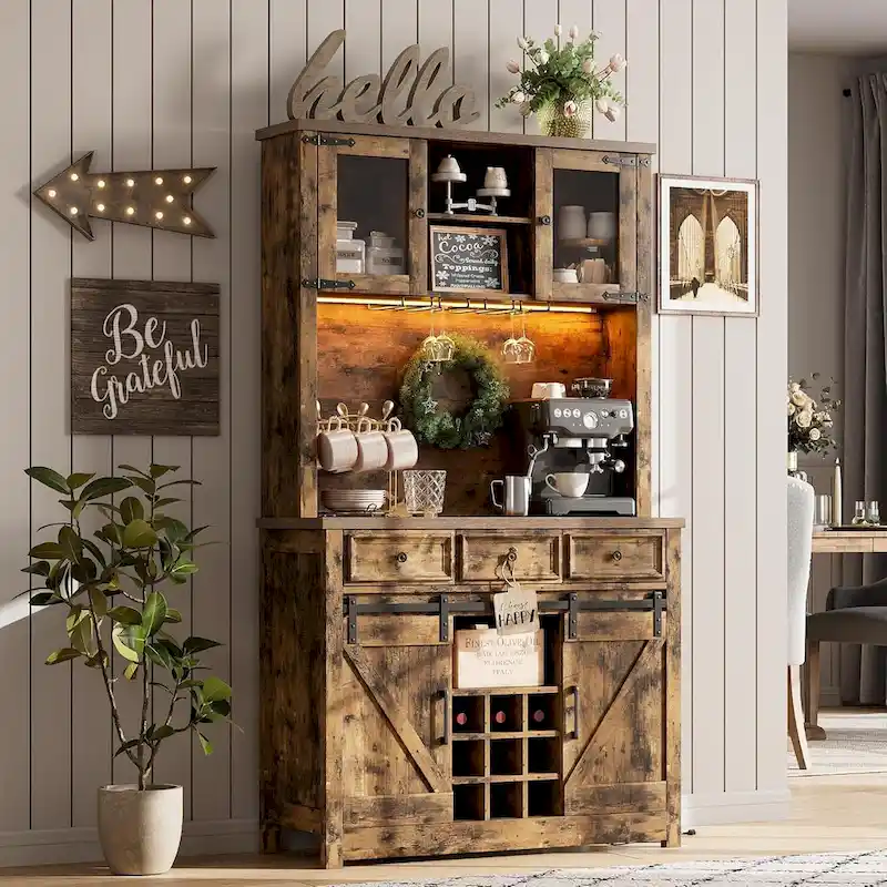 Modern Farmhouse Coffee Bar Cabinet with LED Lights & Power Outlets, Kitchen Cabinet