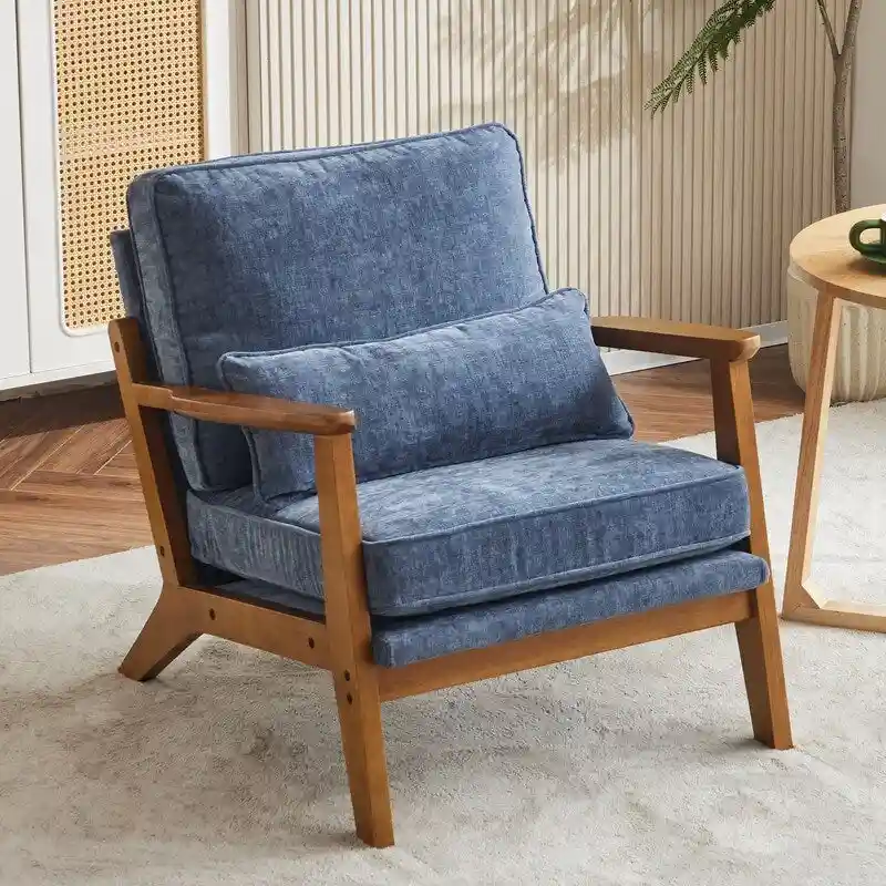Upholstered Linen Blend Accent Chair with Wooden Legs and One Pillow Beige