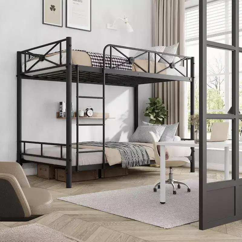 Metal Bunk Bed Twin Over Twin, Industrial Bunkbeds Heavy Duty Bed with Safety Guard Rails & Space-Saving Design, Steel Bed for School, Bedroom