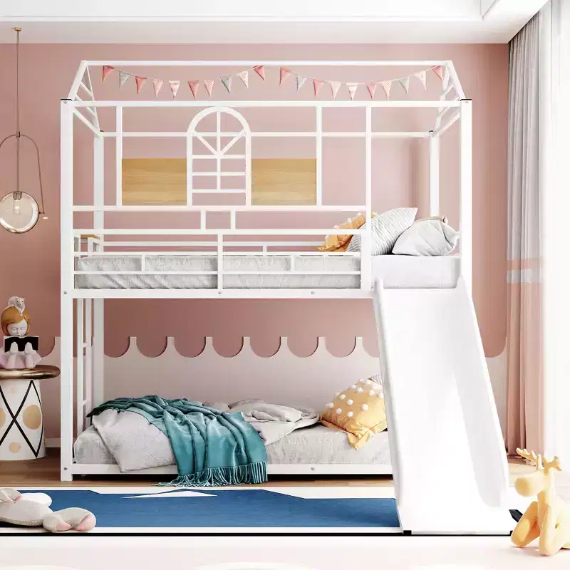 Twin Over Twin Bunk Bed with Slide and Ladder, House Floor Bunk Bed with Guardrails and Shelf, White