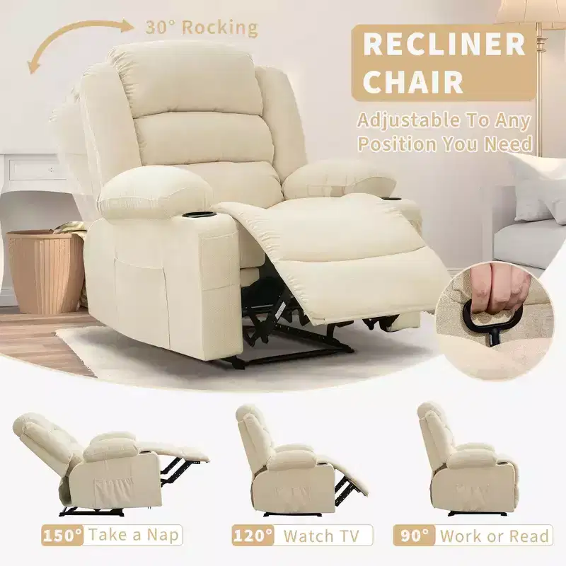 Large Recliner Chair for Adults, Manual Fabric Recliner, Minimalist Single Reclining Sofa with Side Pockets, Cup Holders