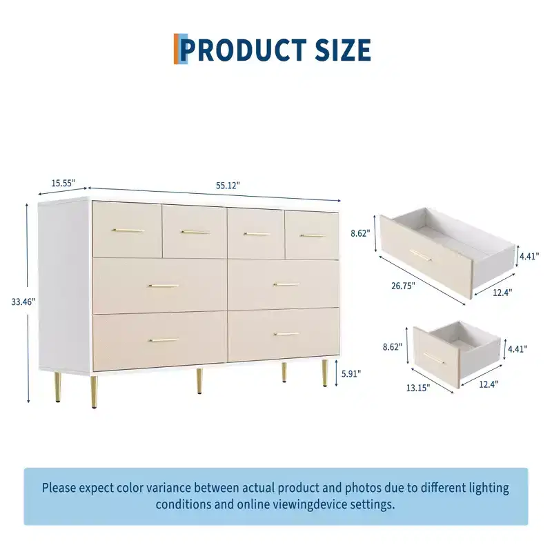Modern White Nightstand for Bedroom, 8 Drawer Dresser, Small Bedside Table Night Stand, Wooden Nightstand with Drawers for Bedroom, Living Room