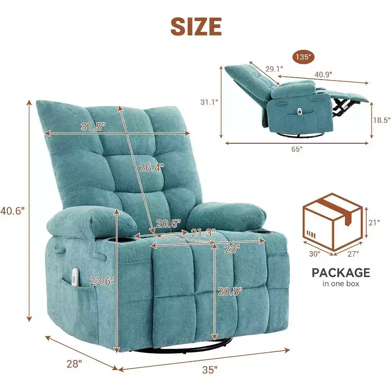 Acekool Manual Swivel Recliner Chair with Massage & Heat, Rocker, Thick Padded PU Leather, Overstuffed Cushion for Back Relief, Living Room